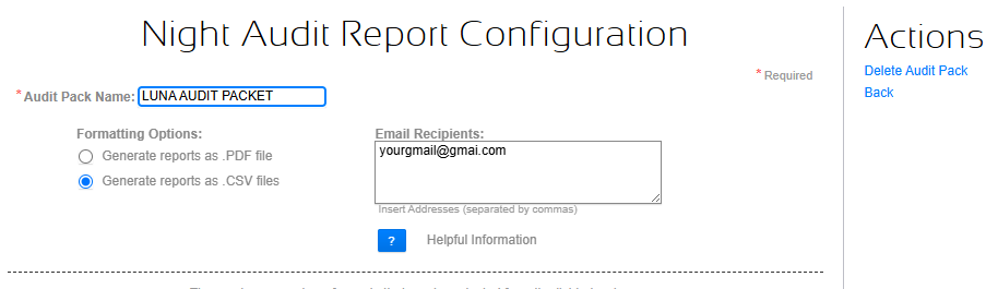 Audit Pack name and email recipients