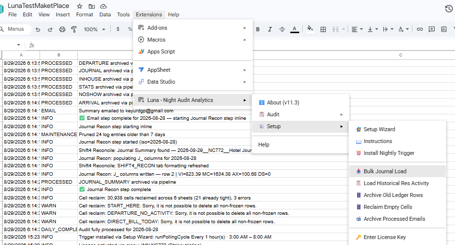 Extensions menu — Bulk Journal Load