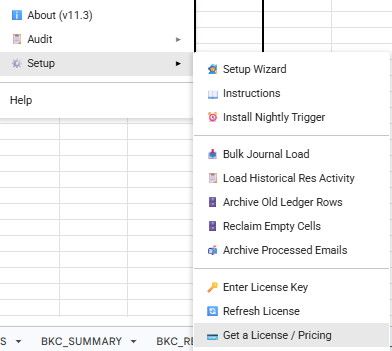 Setup menu — Get a License / Pricing