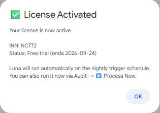 License Activated confirmation