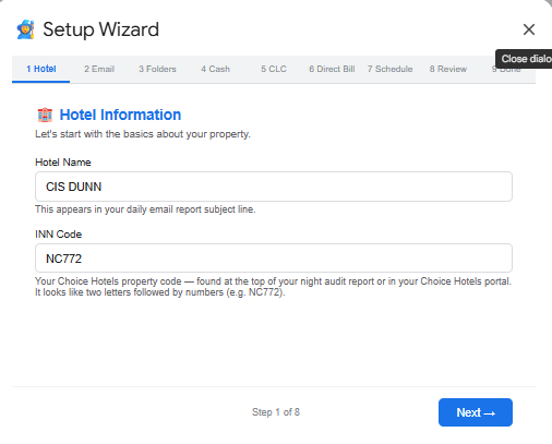Setup Wizard — Hotel Information screen