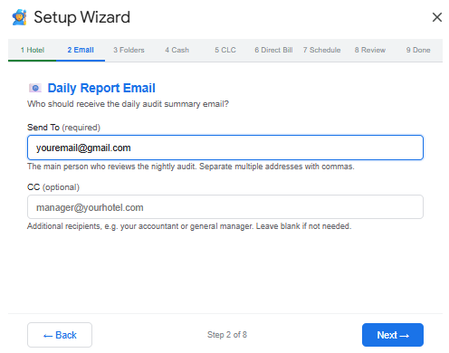 Setup Wizard — Daily Report Email screen