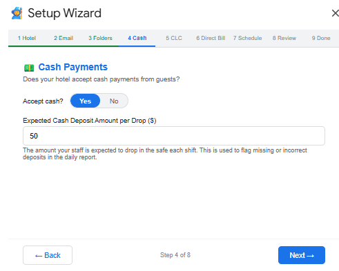 Setup Wizard — Cash Payments screen
