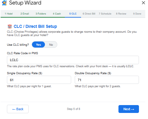 Setup Wizard — CLC / Direct Bill Setup screen