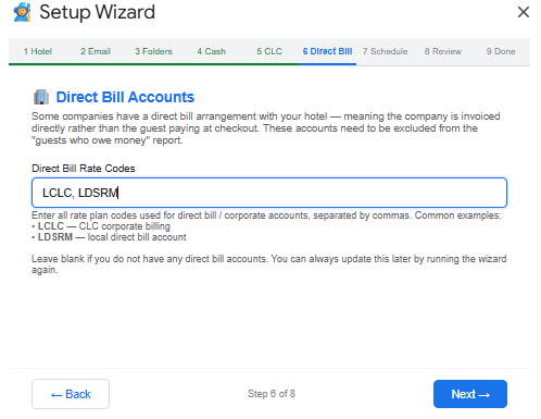 Setup Wizard — Direct Bill Accounts screen
