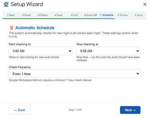 Setup Wizard — Automatic Schedule screen