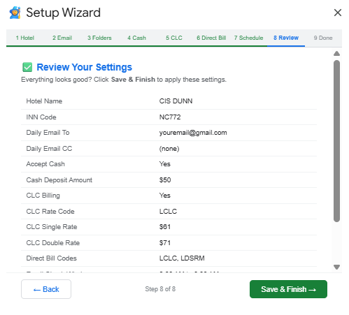 Setup Wizard — Review Your Settings screen